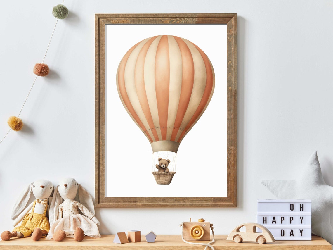 Teddy Bear Riding a Peach Hot Air Balloon Baby Nursery Wall Poster