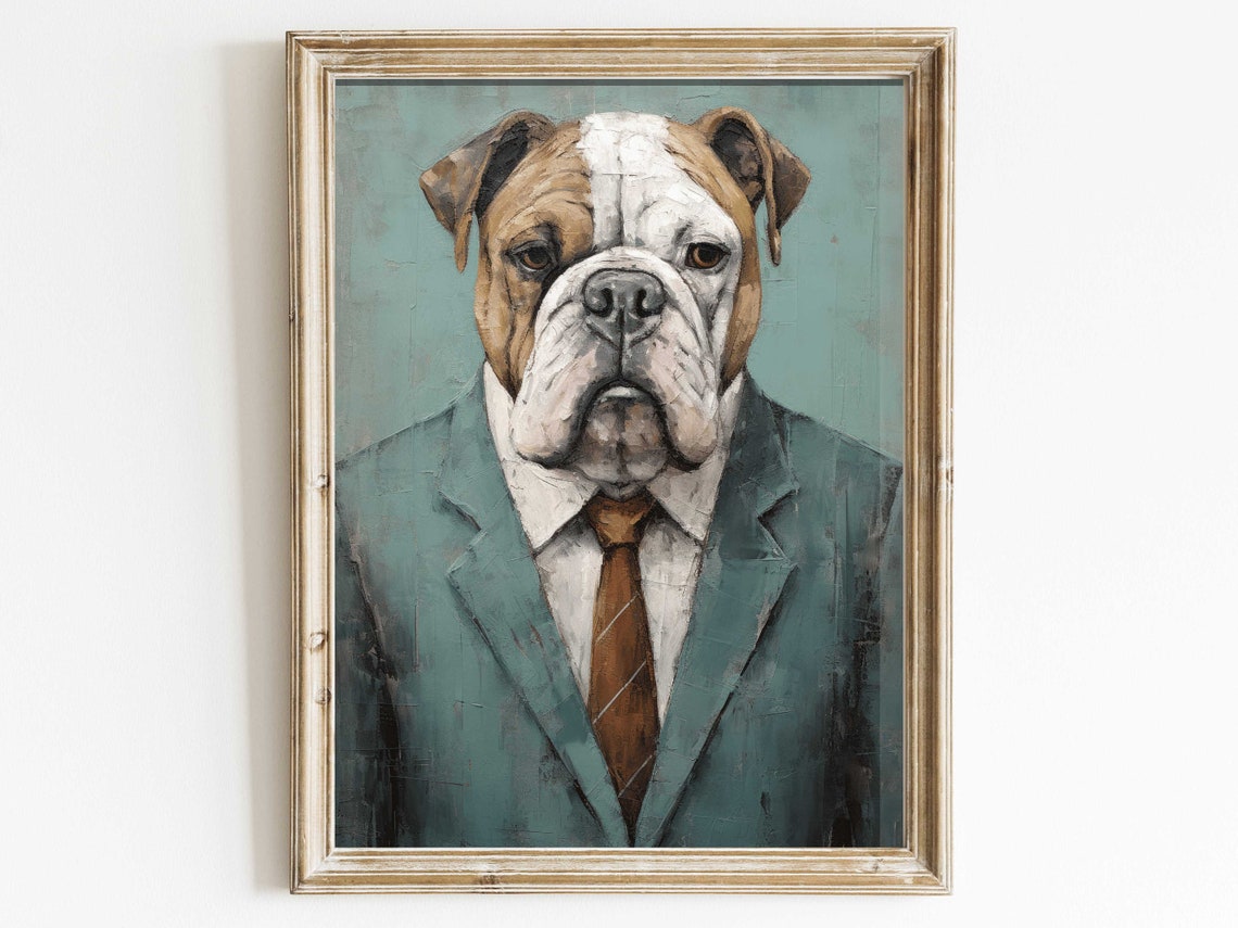 Distinguished Bulldog in a Suit and Tie Vintage Oil Painting Poster