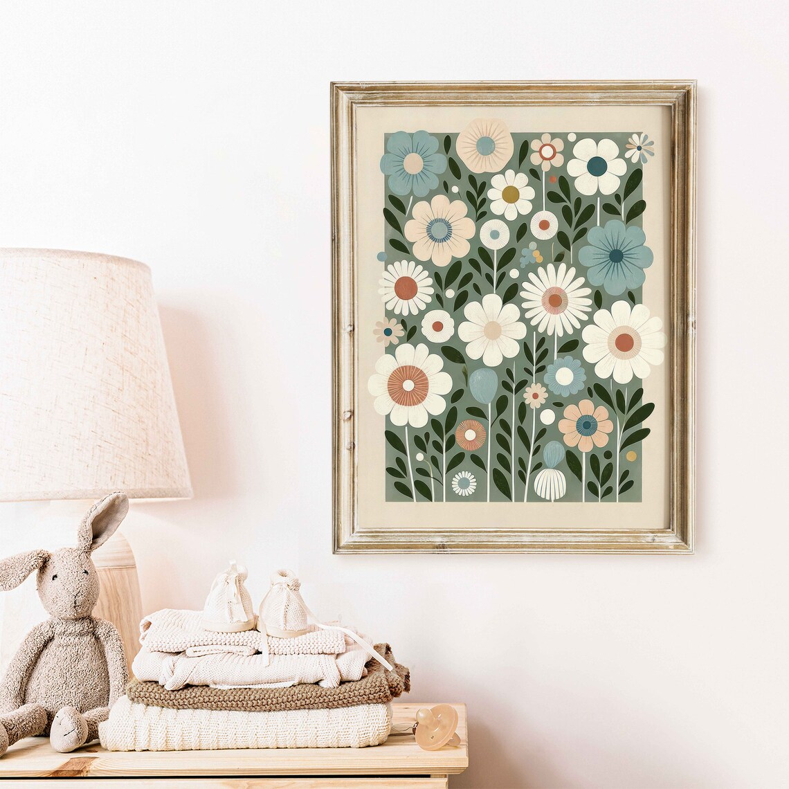 Retro Daisy Wildflower Pattern in Teal and Cream Floral Poster - Image 2
