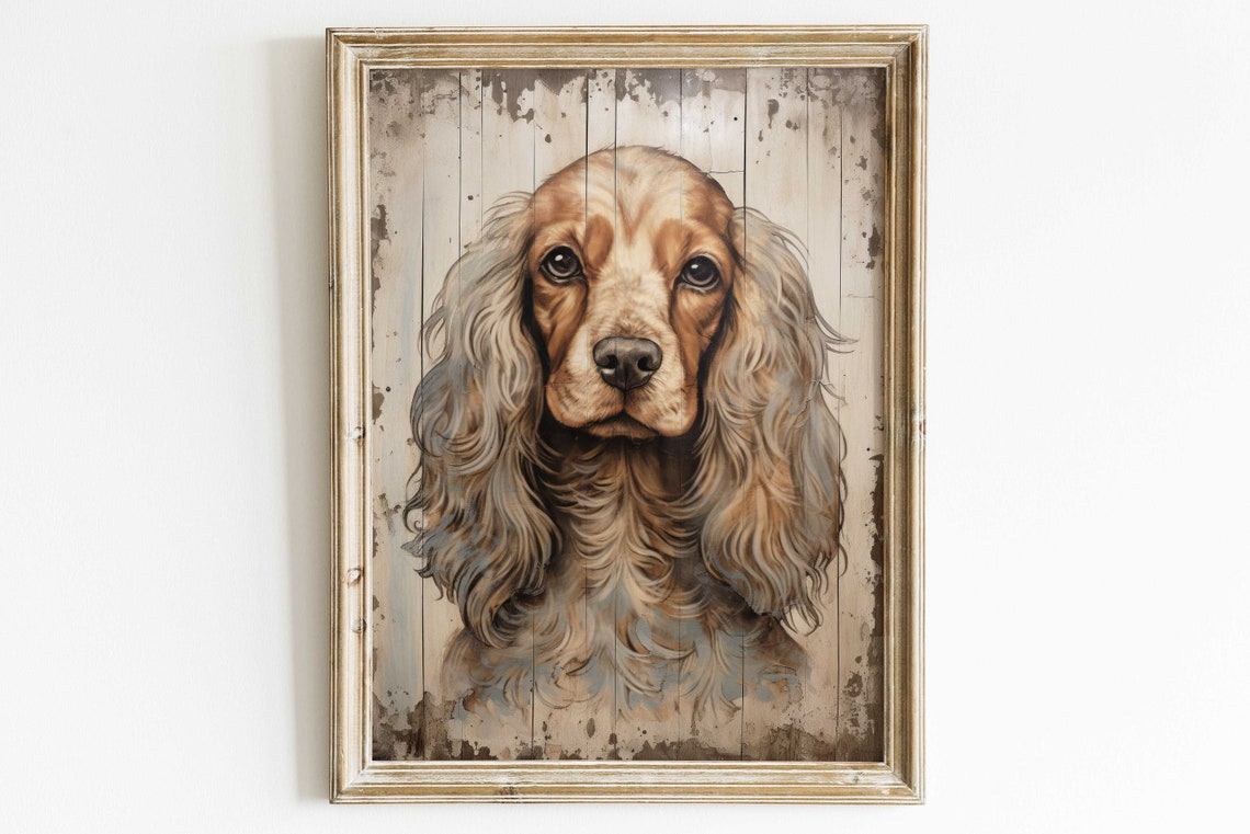 Gentle Cocker Spaniel Portrait on Distressed Wood Vintage Poster