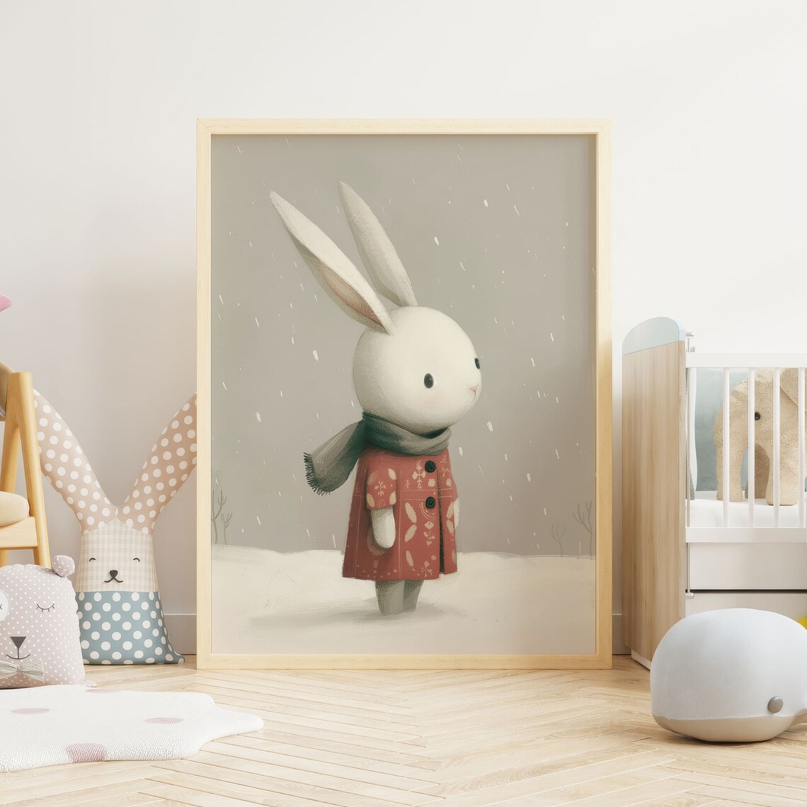 Cute Bunny In Red Coat And Scarf Winter Snowfall Nursery Poster - Image 2