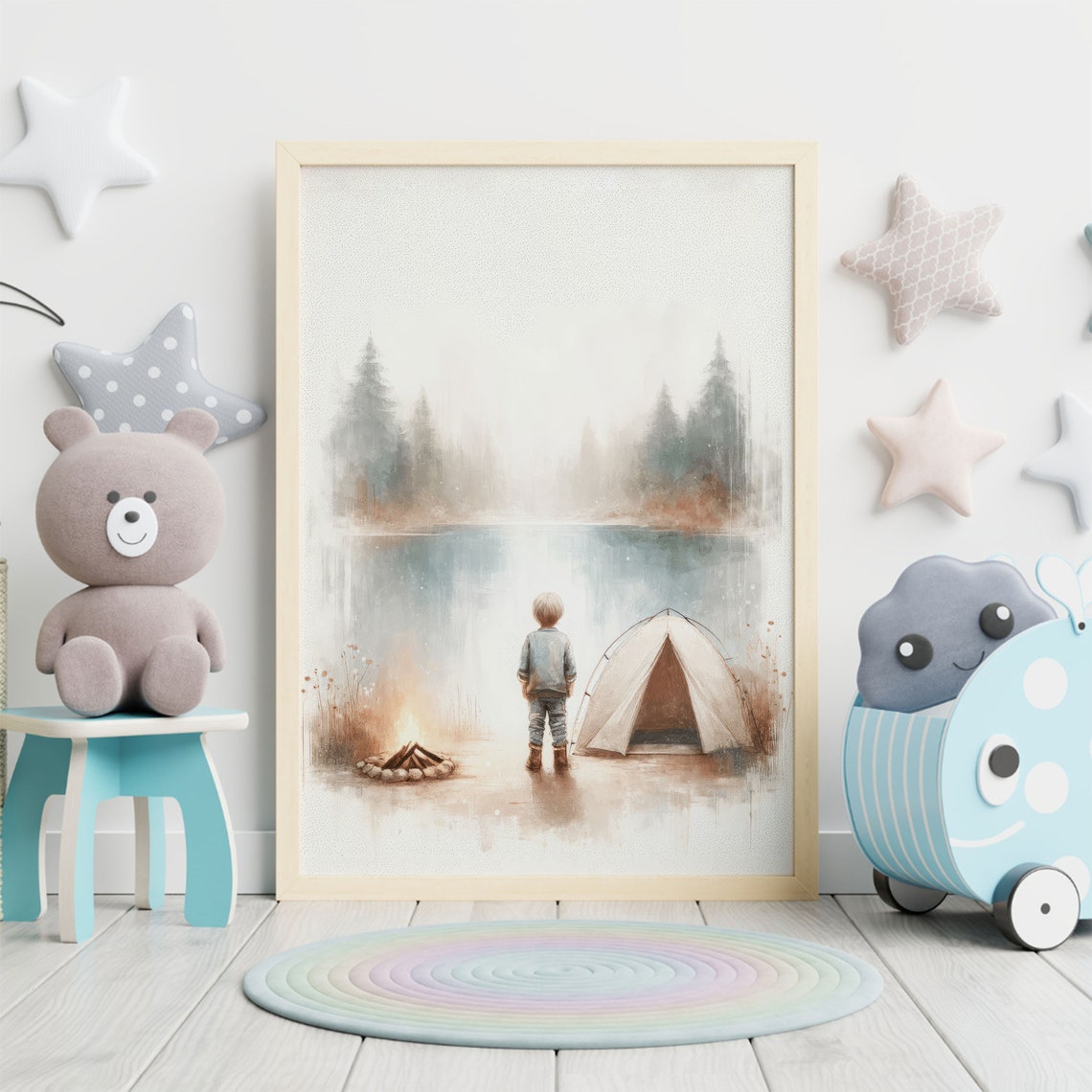 Boy Camping by Misty Lake Poster Little Camper Tent Campfire Nursery - Image 3