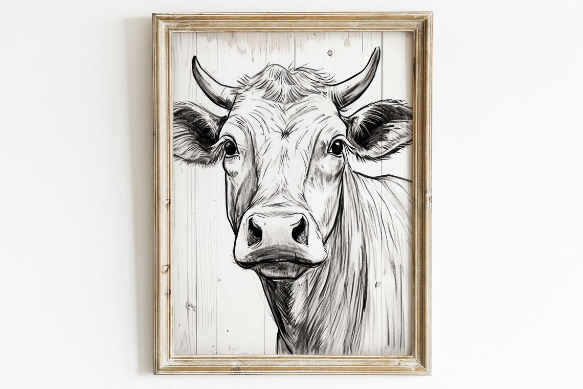 Black and White Bull Sketch on Whitewashed Wood Farmhouse Poster