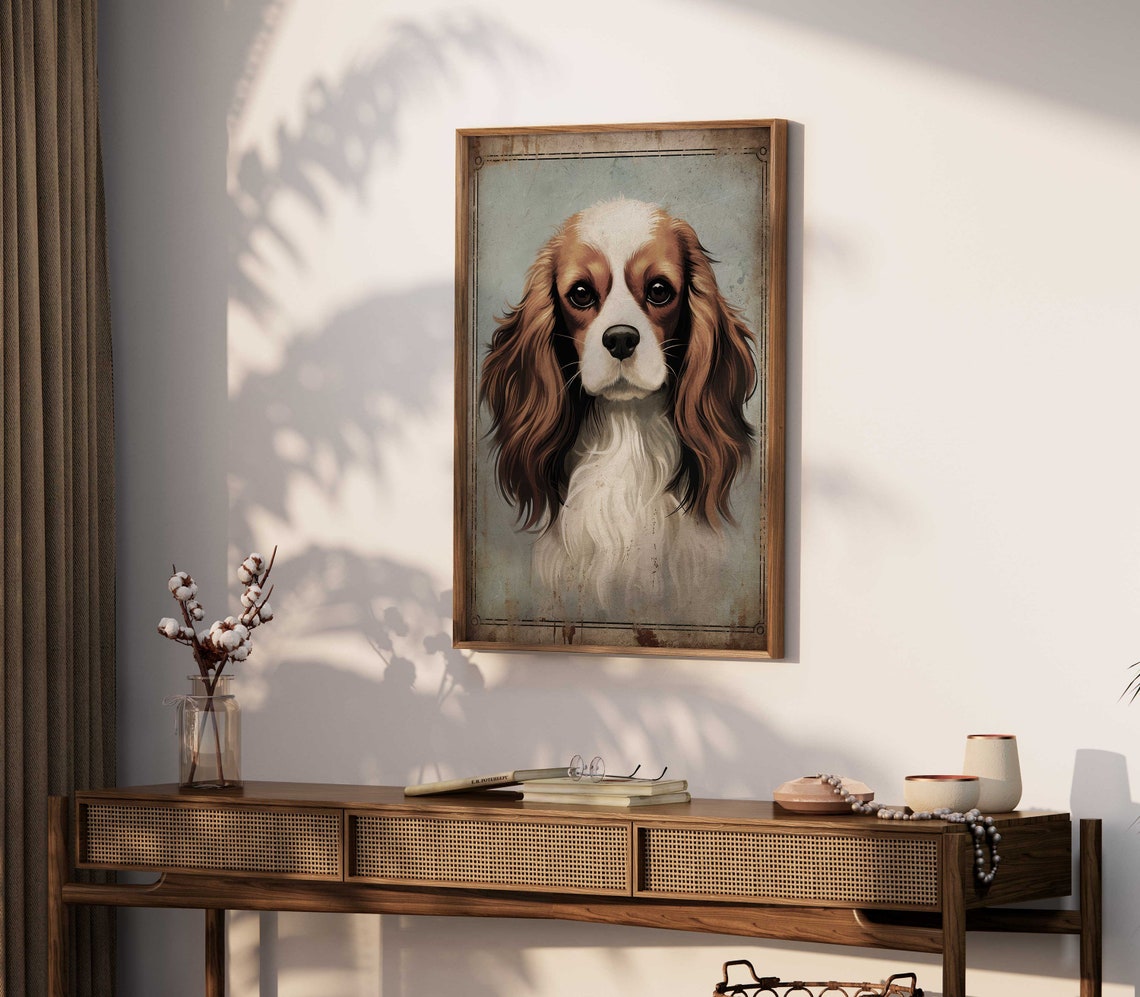 Cavalier King Charles Spaniel Portrait On Aged Blue Vintage Dog Print - Image 2