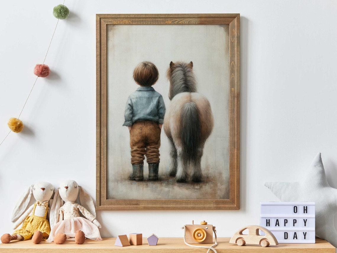 Little Boy and His Shetland Pony Watching the Horizon Poster