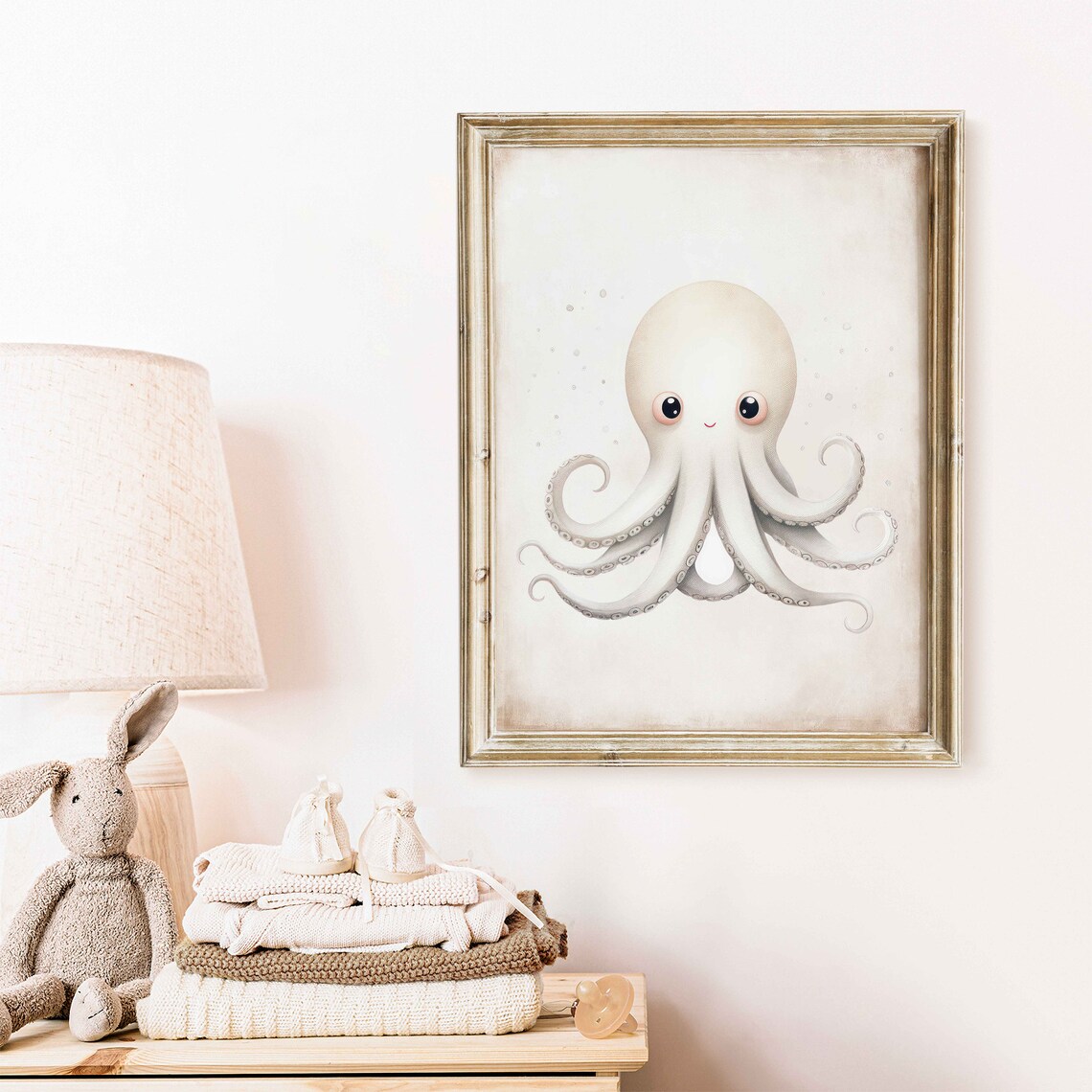 Cute White Octopus With Big Eyes Sweet Ocean Nursery Art Poster - Image 2