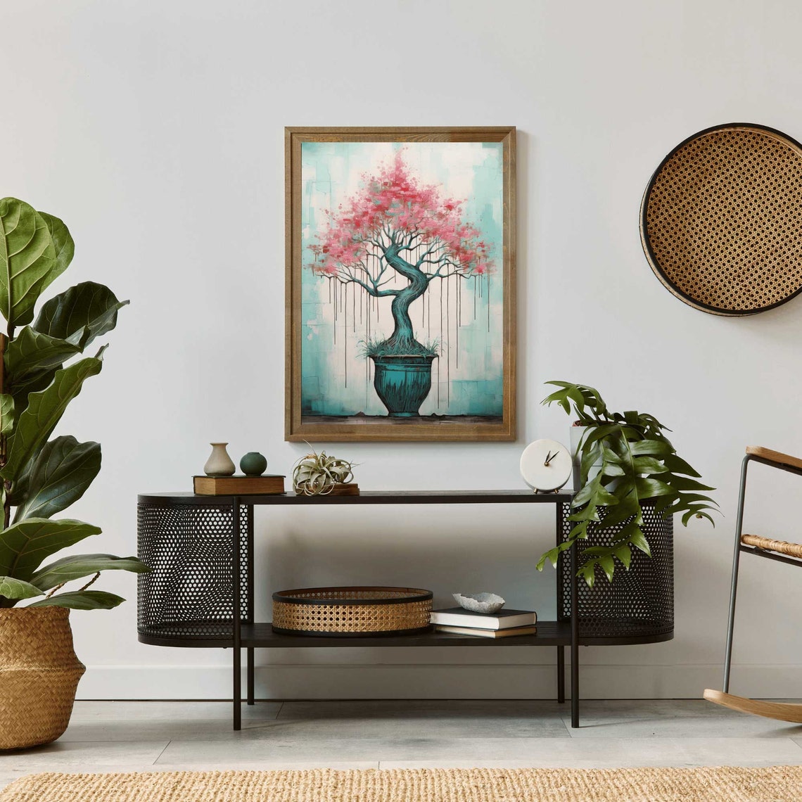 Pink Bonsai Cherry Blossom Tree Turquoise Pot Asian Art Print - Image 2