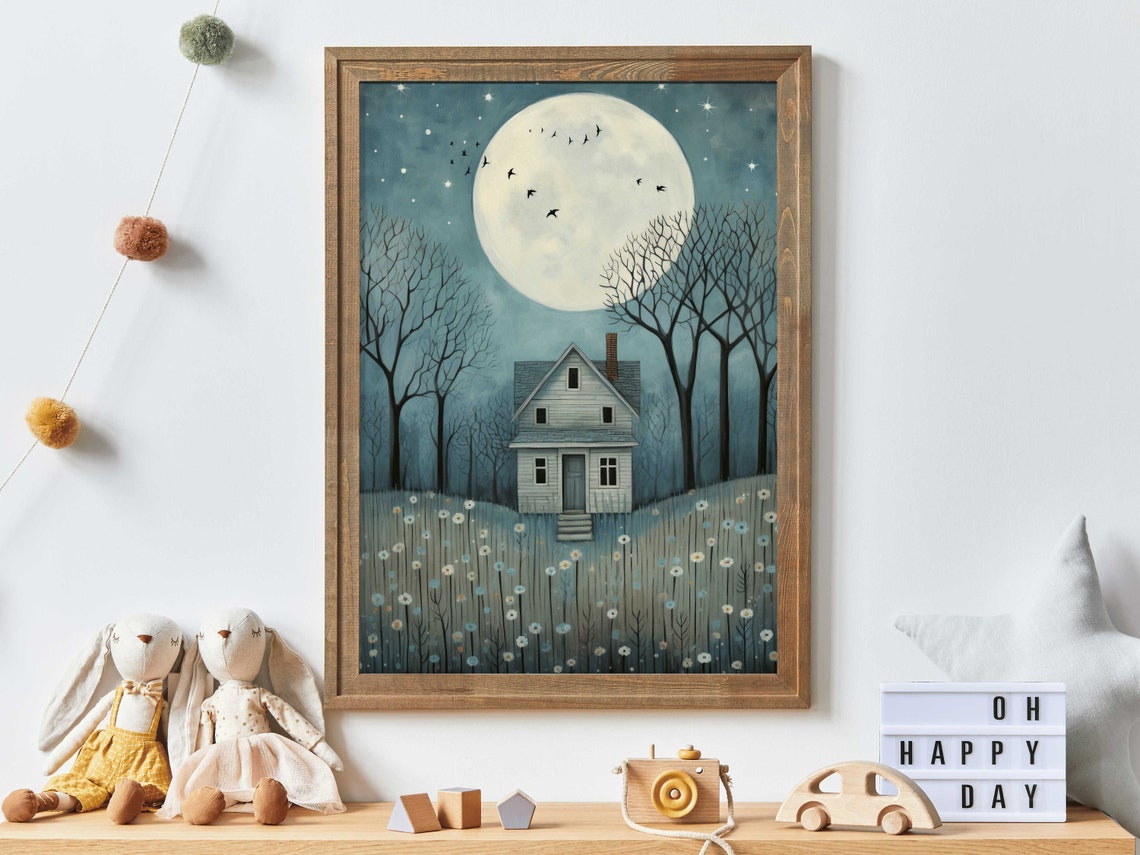 Cozy Little Cottage Under a Giant Full Moon Starry Night Poster - Image 3
