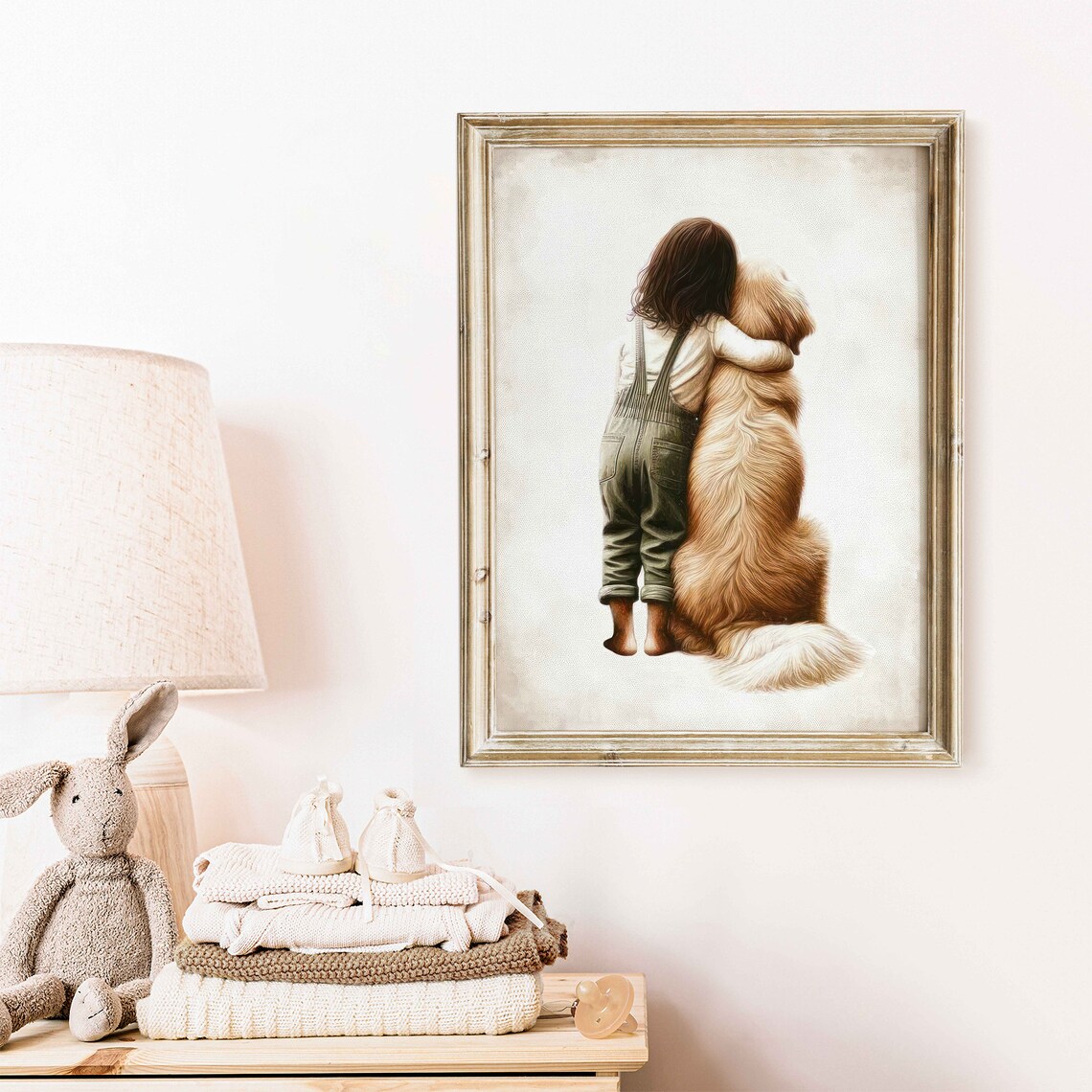Girl Hugging Her Golden Retriever Vintage Nursery Art Poster - Image 2