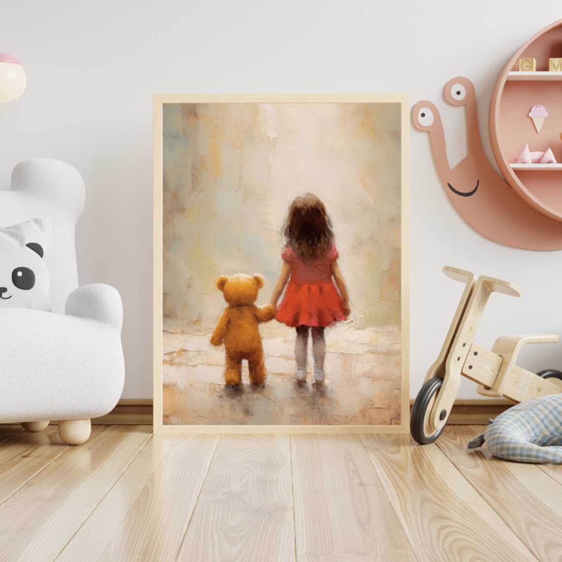 Little Girl In Red Dress Walking Hand In Hand With Teddy Bear Poster - Image 2