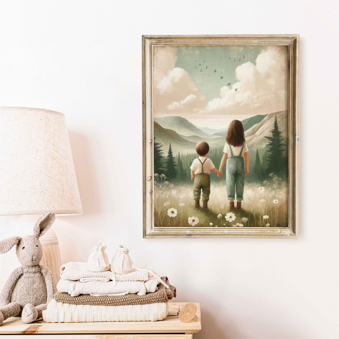 Brother And Sister Holding Hands Looking At Misty Mountains Poster - Image 2
