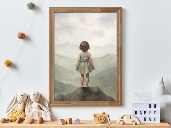 Little Girl Standing On Mountain Peak Overlooking Clouds Art Poster