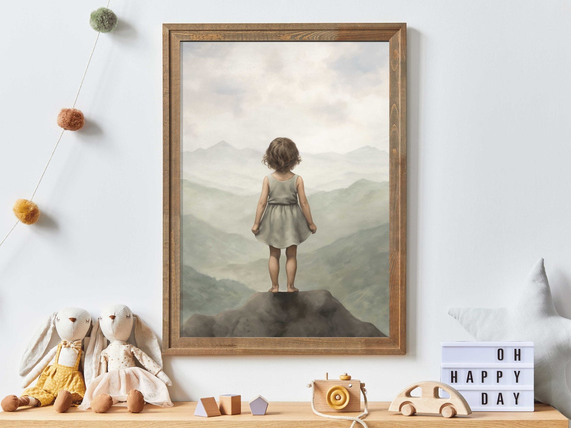 Little Girl Standing On Mountain Peak Overlooking Clouds Art Poster