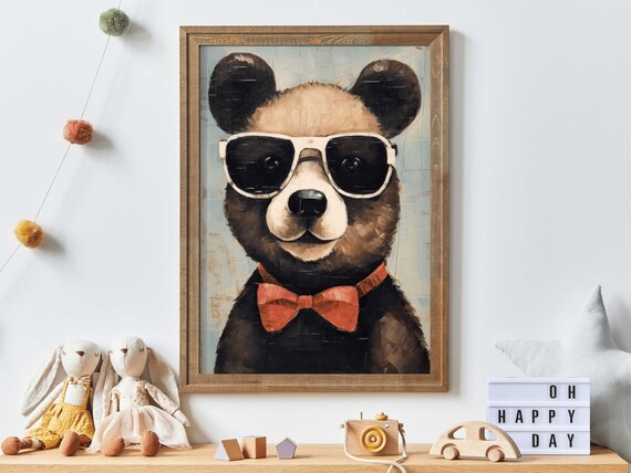 Brown Bear with White Sunglasses and Red Bow Tie Funny Art Poster