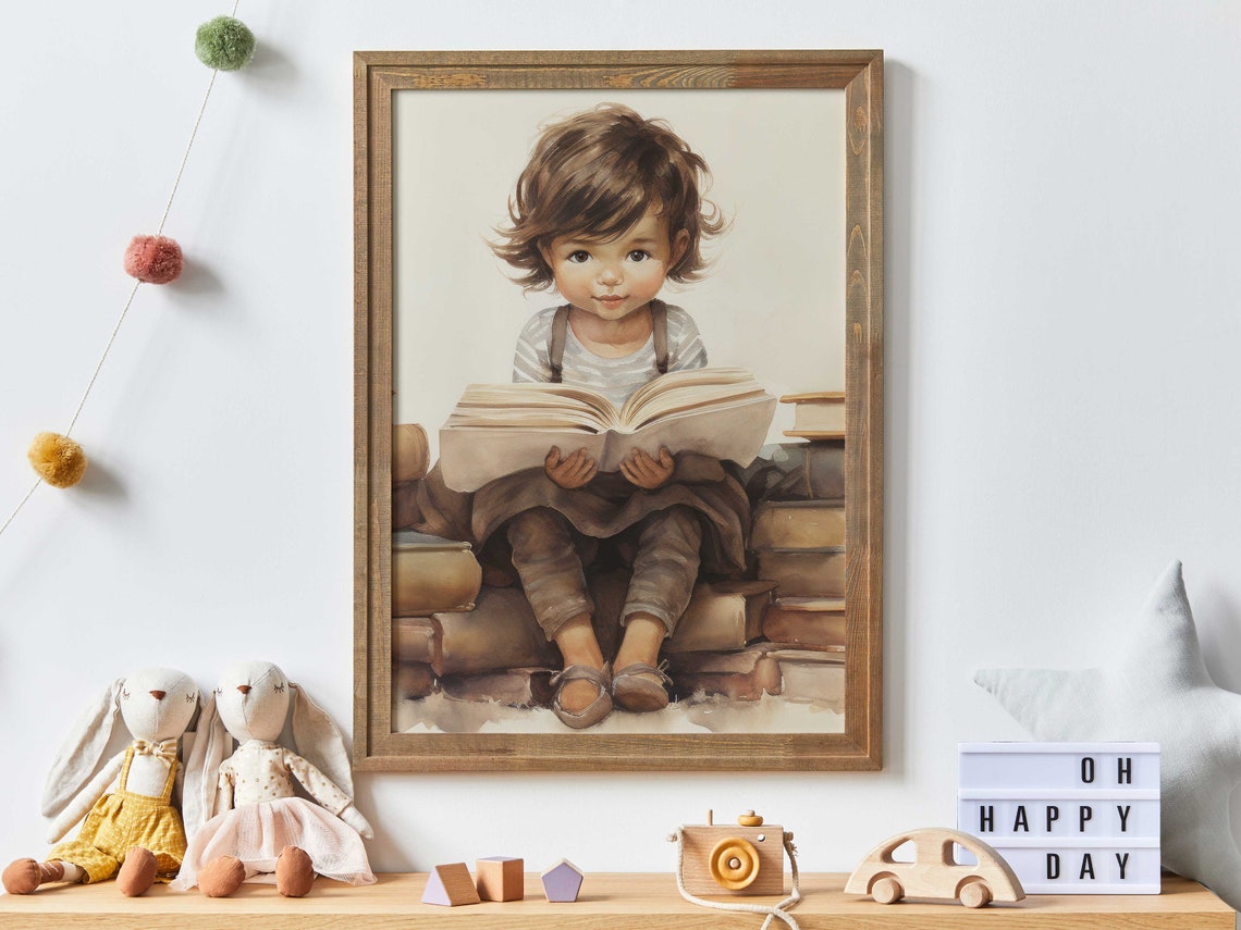 Sweet Toddler Reading a Big Book Atop a Stack of Old Books Poster
