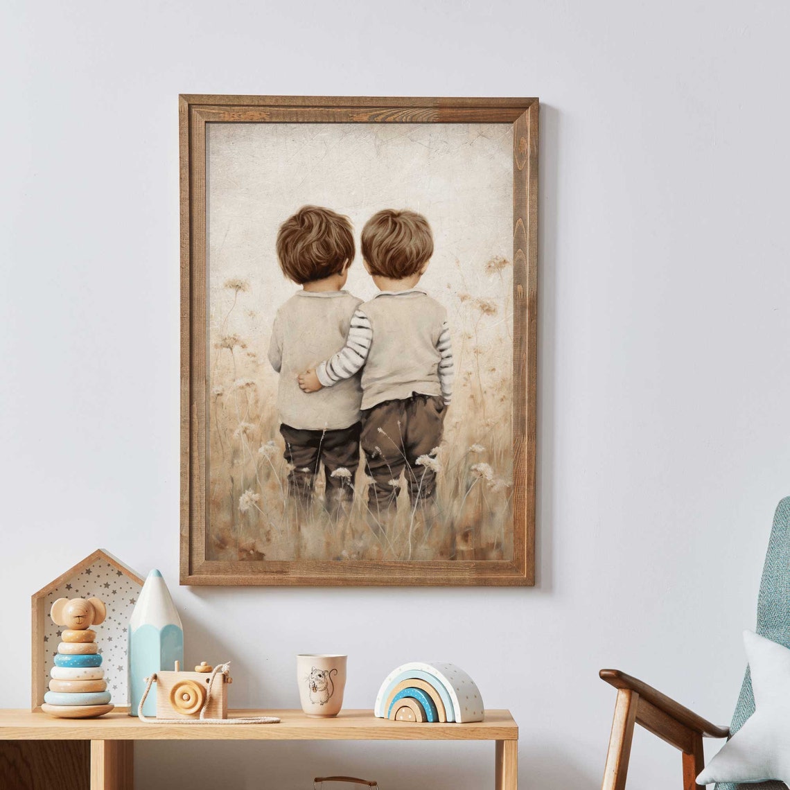 Twin Brothers Walking Through Wildflower Field Nursery Poster - Image 2
