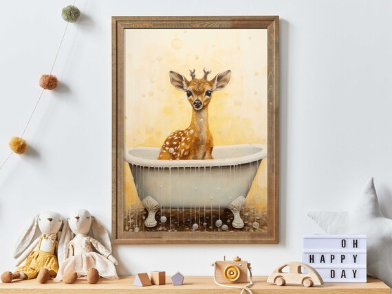 Adorable Baby Deer Bathing in Bubble Bathtub Whimsical Art Print