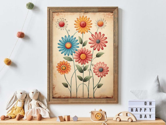 Whimsical Floral Nursery Wall Art Retro Flower Print Vintage Flower Wall Decor Flower Kids Room Decor Fun Nursery Art