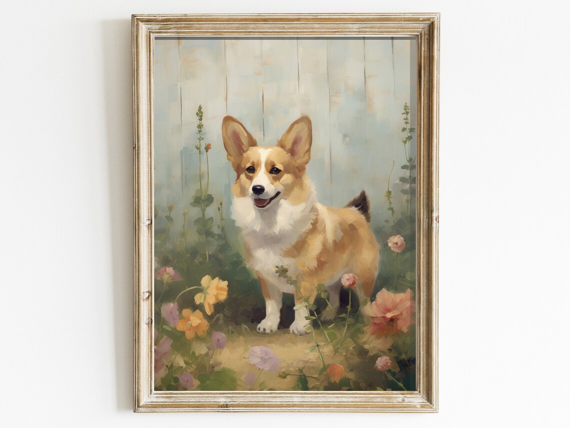 Happy Corgi Standing In A Wildflower Garden Vintage Dog Portrait Print