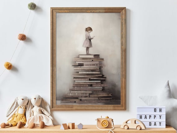 Little Girl Standing On Tall Stack Of Books Reading Art Poster