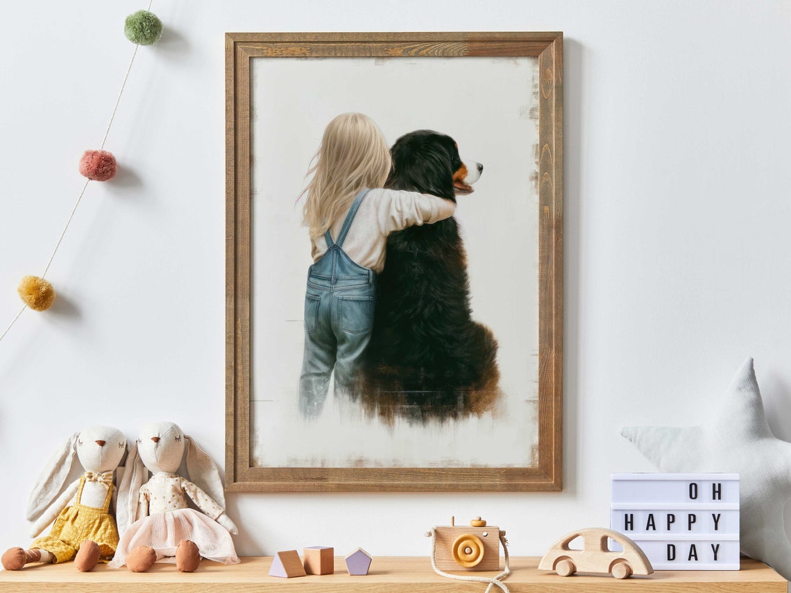 Blonde Toddler Hugging Bernese Mountain Dog Nursery Art Print