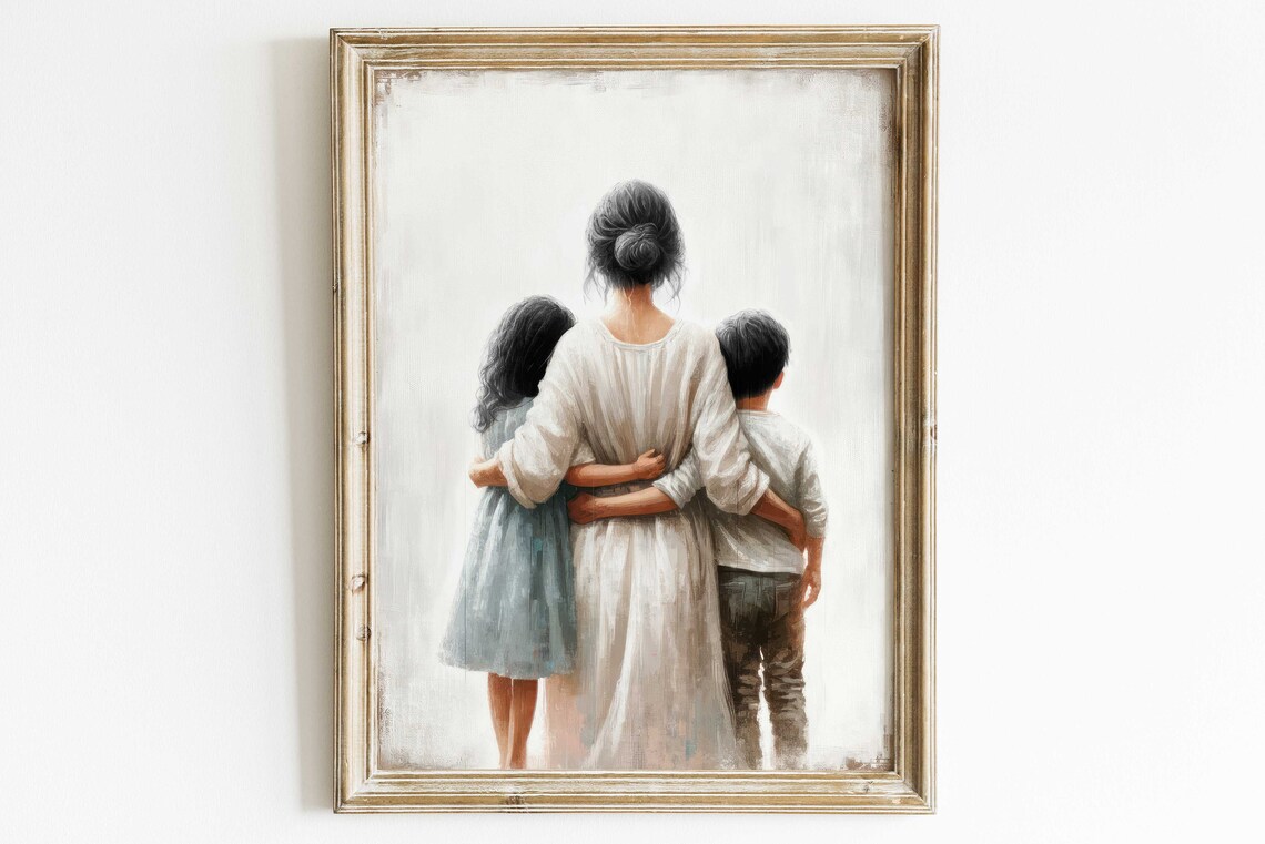 Mother Embracing Two Children From Behind Family Love Art Poster