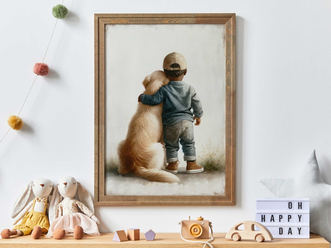 Boy Hugging Golden Retriever Puppy Back View Nursery Art Poster