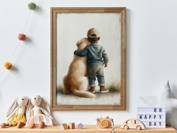 Boy Hugging Golden Retriever Puppy Back View Nursery Art Poster