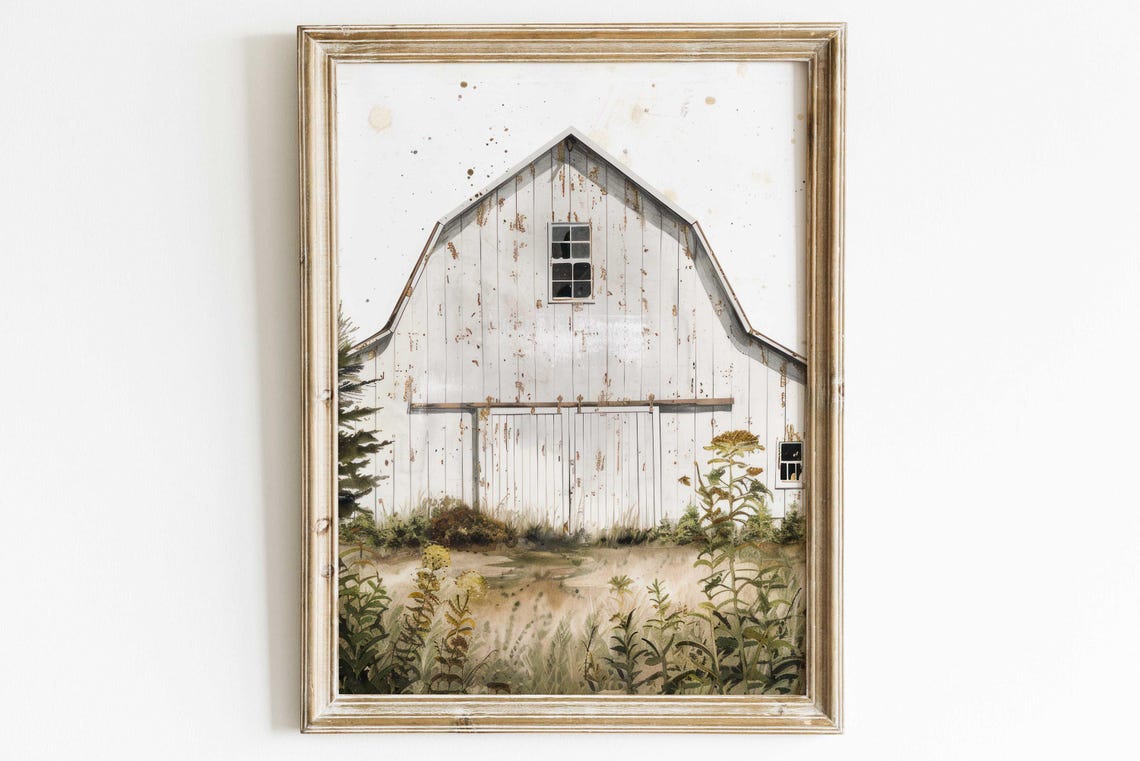 White Rustic Barn With Wildflowers Vintage Farmhouse Art Poster