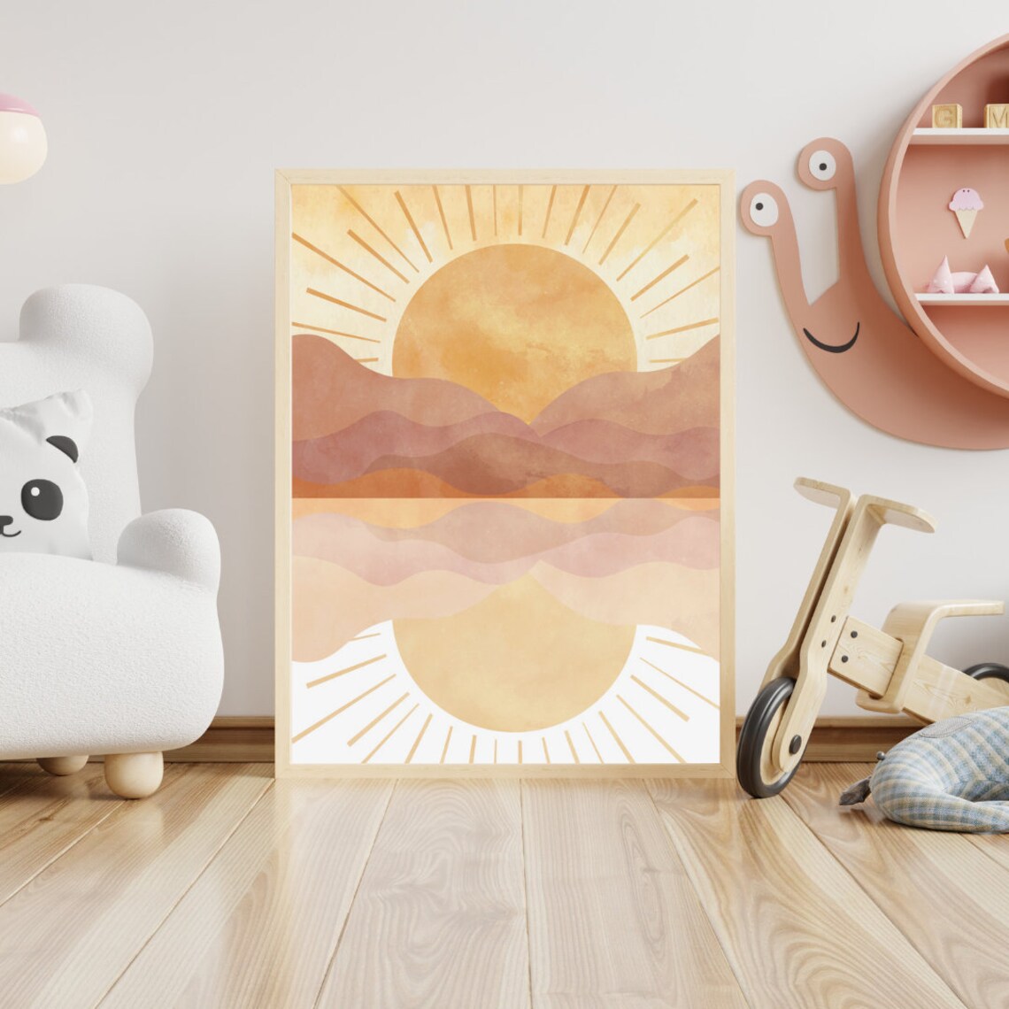 Boho Golden Sunburst Rising Over Layered Mountains Watercolor Poster - Image 2