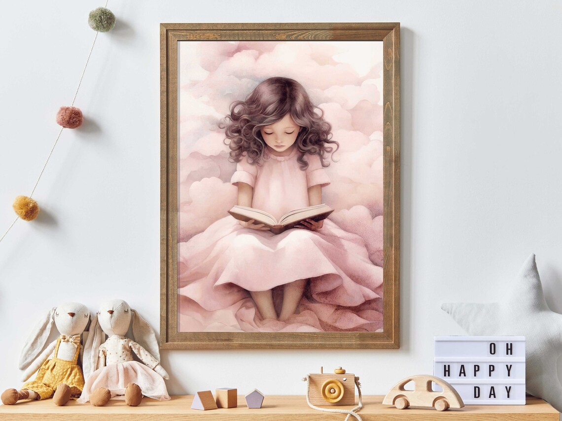 Little Girl Reading in Pink Clouds Dreamy Book Lover Girls Room Poster