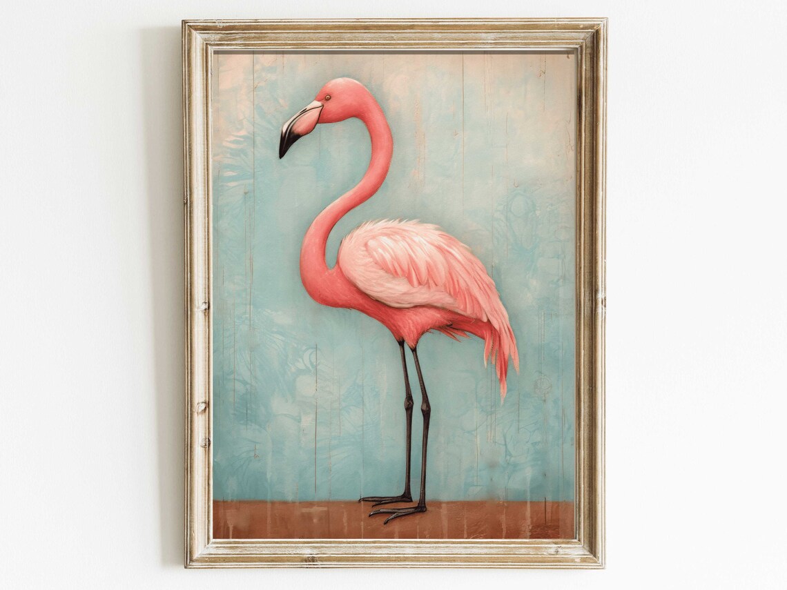 Elegant Pink Flamingo Illustration On Vintage Aqua Blue Poster