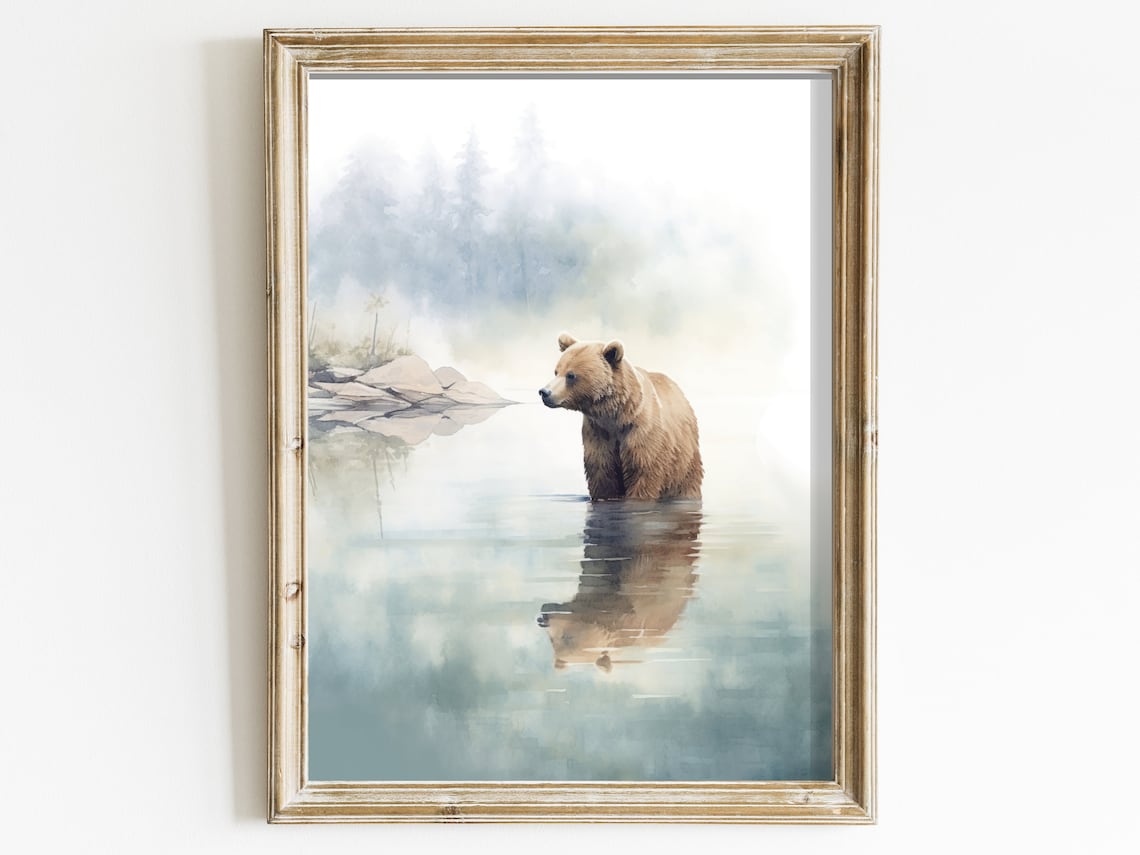 Bear Watercolor Landscape Art Print, Cabin Decor