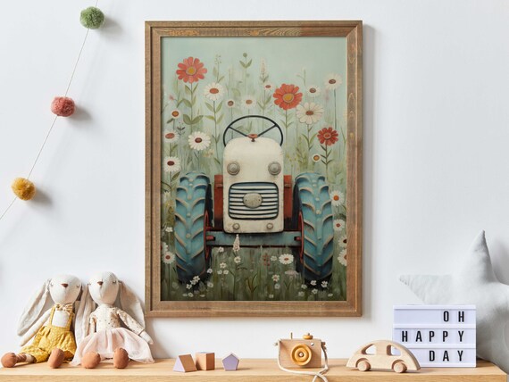 Vintage Blue Tractor in Wildflower Meadow Nursery Watercolor Poster
