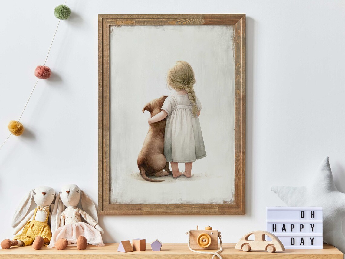 Sweet Little Girl Hugging Her Beloved Pit Bull Puppy Art Poster