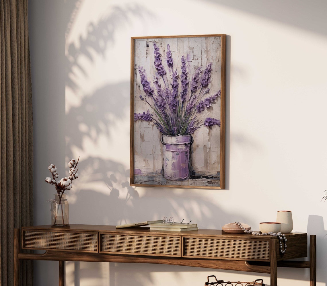Lavender Bouquet Painting Poster Purple Impasto Floral Rustic Decor - Image 3