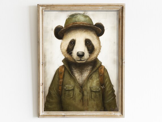 Panda Explorer in Safari Hat and Backpack Vintage Style Poster