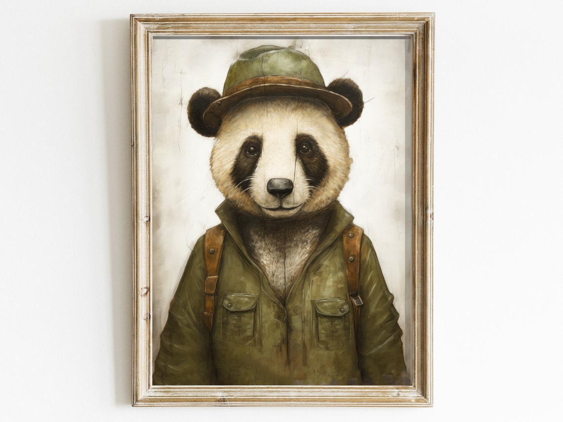 Panda Explorer in Safari Hat and Backpack Vintage Style Poster