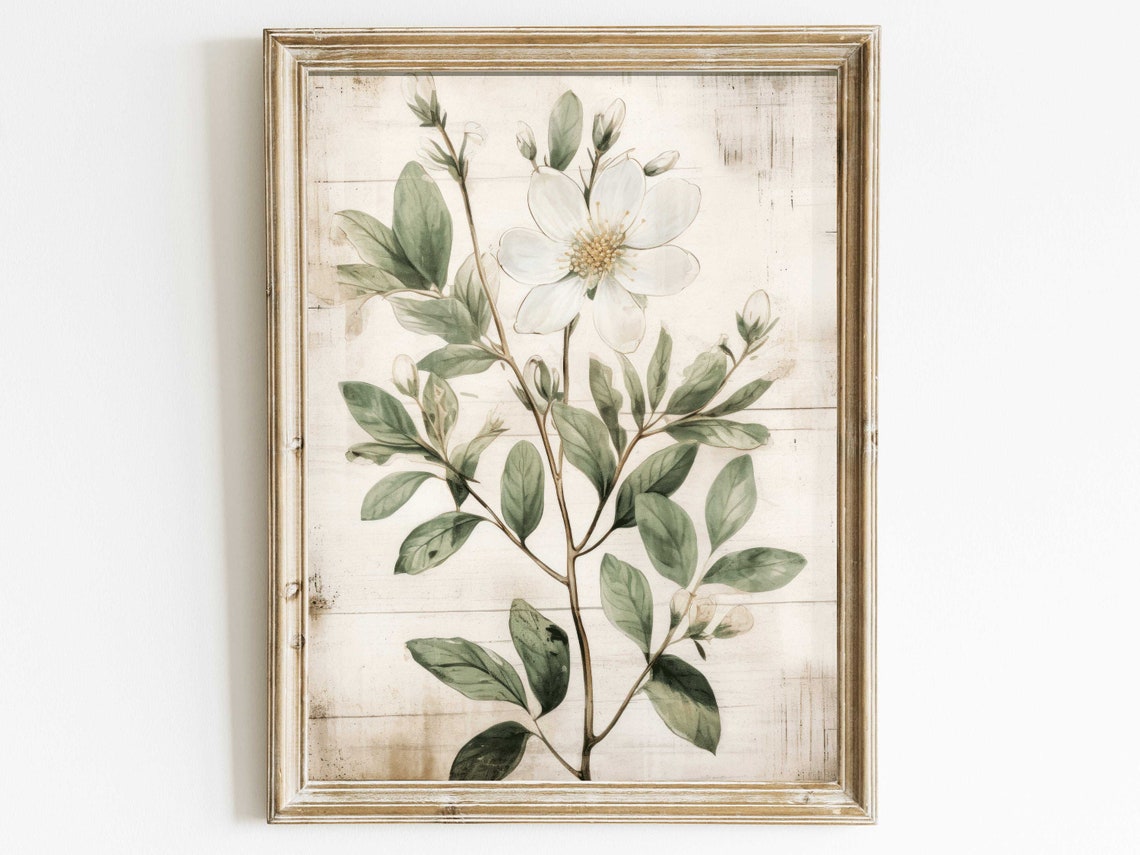 White Blossom Botanical Poster Delicate Flower on Distressed Wood Art