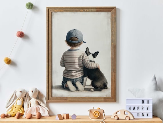 Little Boy in Cap Hugging Black White Puppy Best Friends Nursery Poster