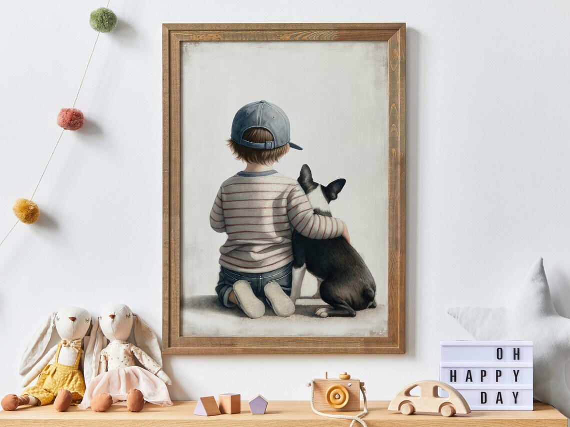 Little Boy in Cap Hugging Black White Puppy Best Friends Nursery Poster