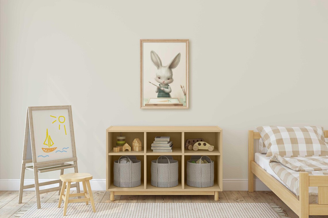 Sweet Bunny Artist Painting a Carrot Whimsical Nursery Art Print - Image 2