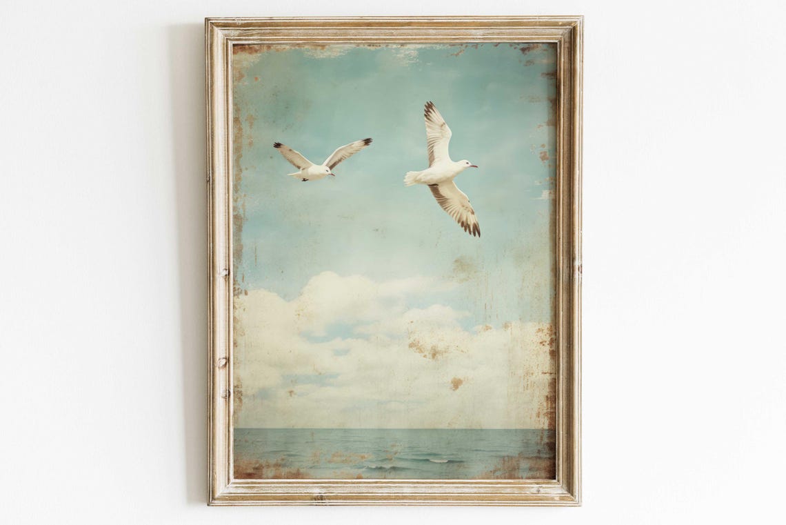Two Seagulls Flying Over The Ocean Vintage Distressed Coastal Wall Art