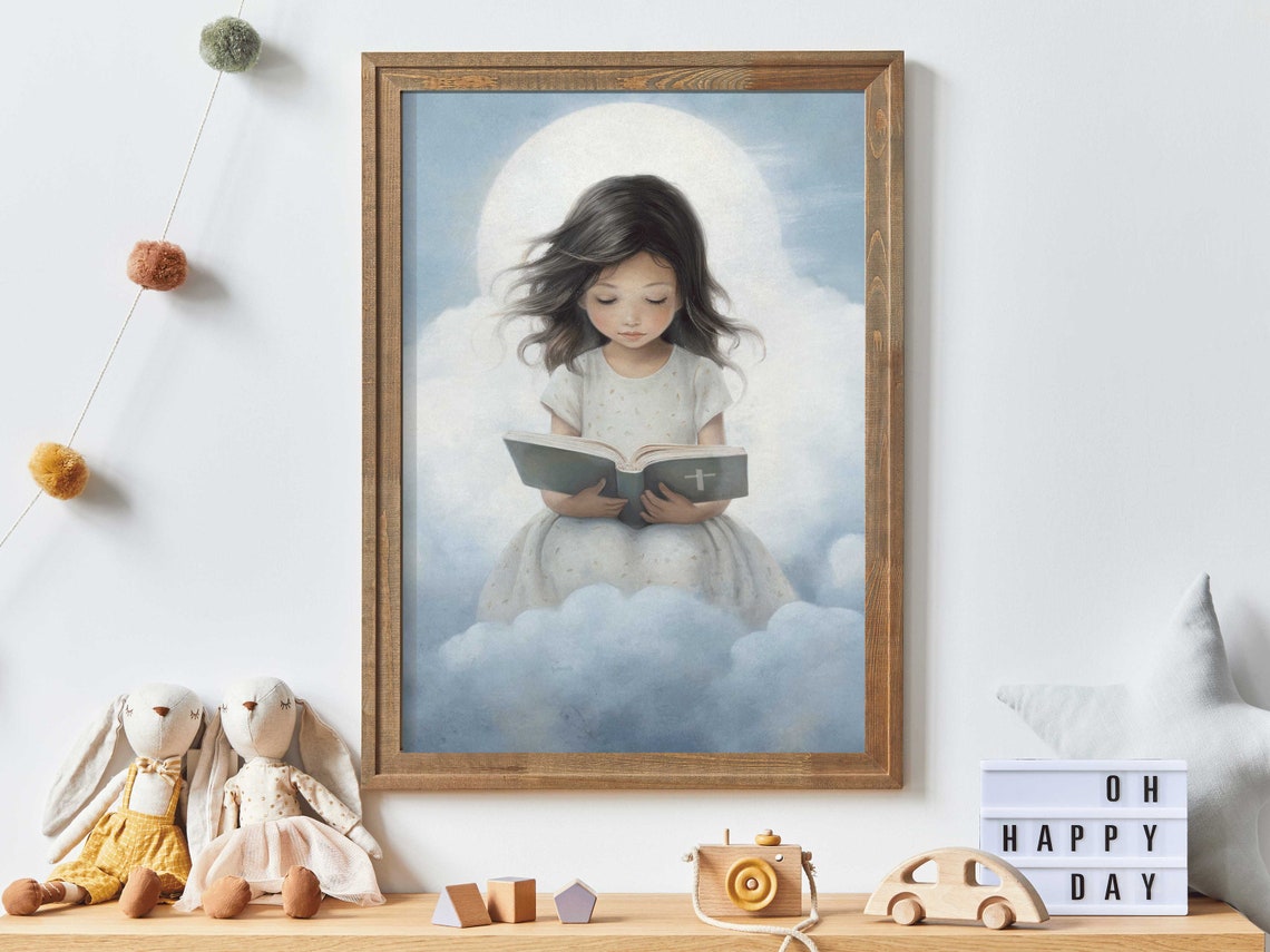 Little Girl Reading Her Bible On Clouds Faith Nursery Poster