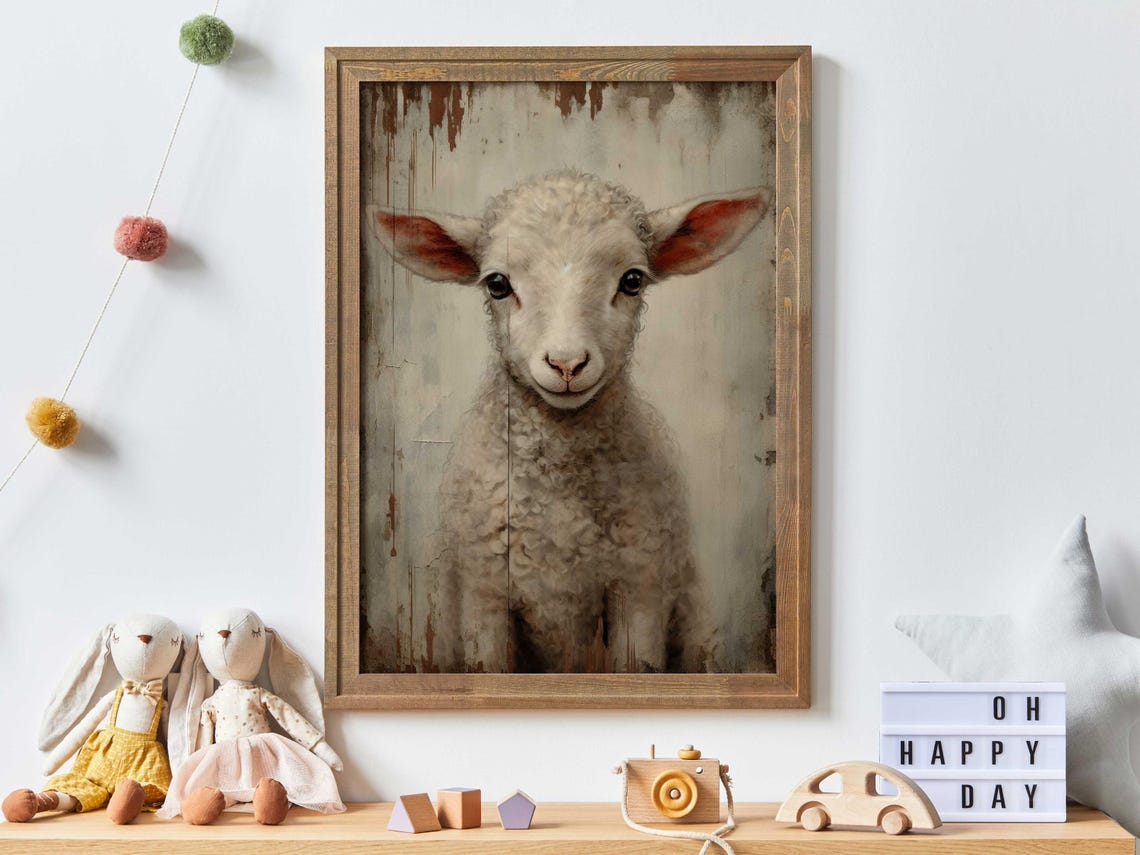 Vintage Lamb Painting Farm Animal Art Vintage Animal Print Sheep Farmhouse Home Decor Farm Theme Country Style Wall Art