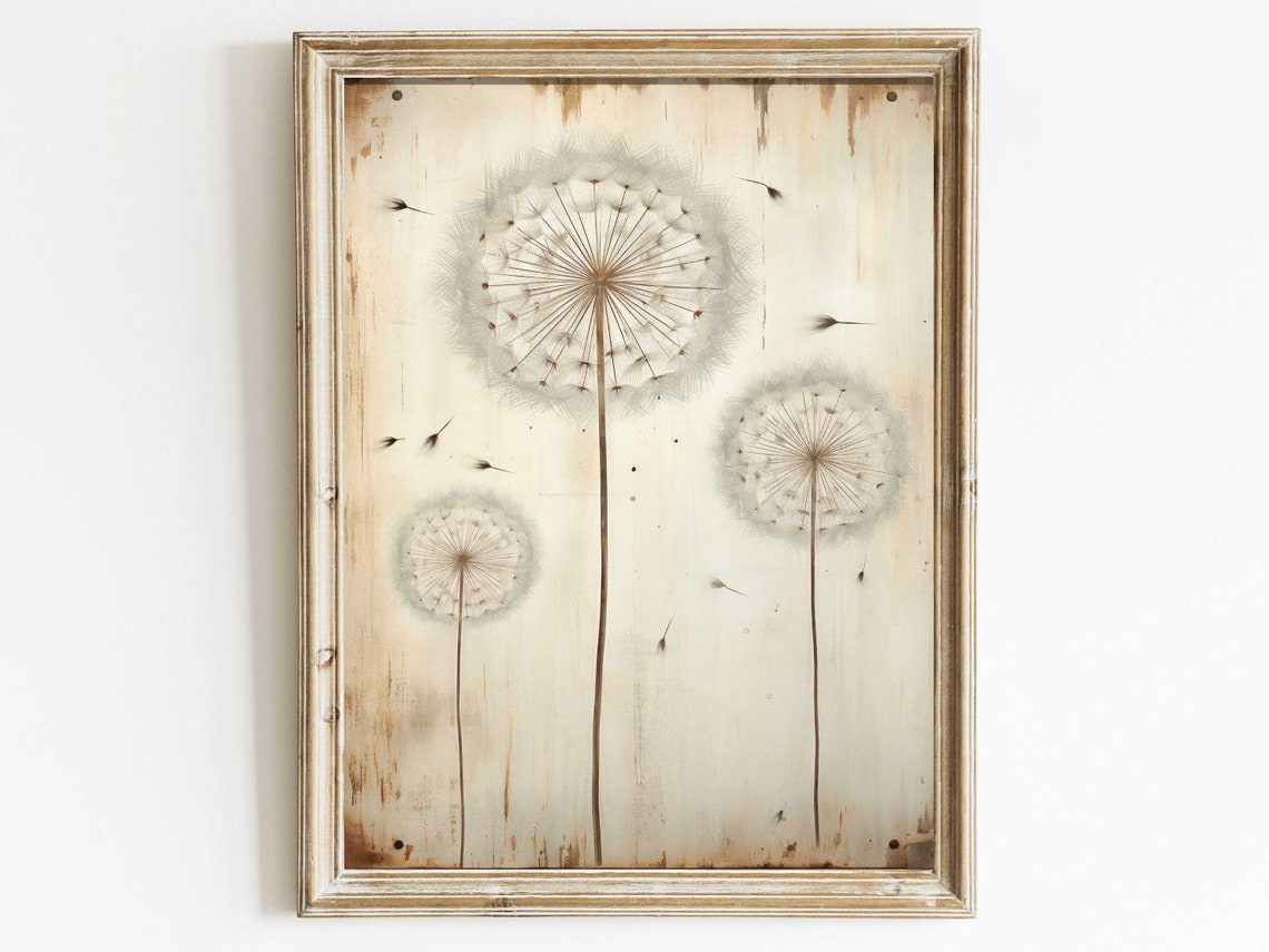 Three Dandelion Clocks on Rustic Wood Make a Wish Botanical Poster