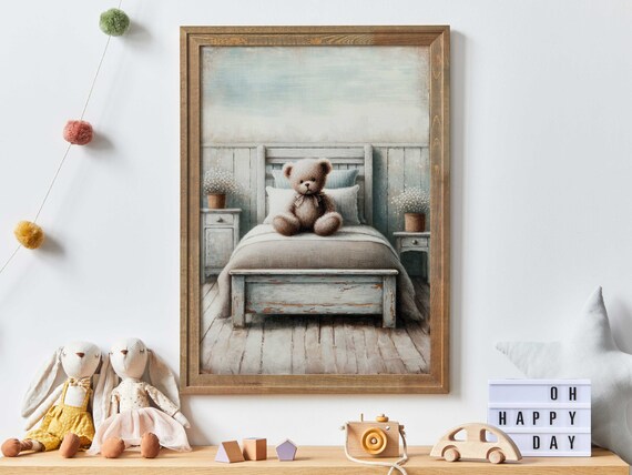 Vintage Teddy Bear Sitting on a Farmhouse Bed Nursery Poster