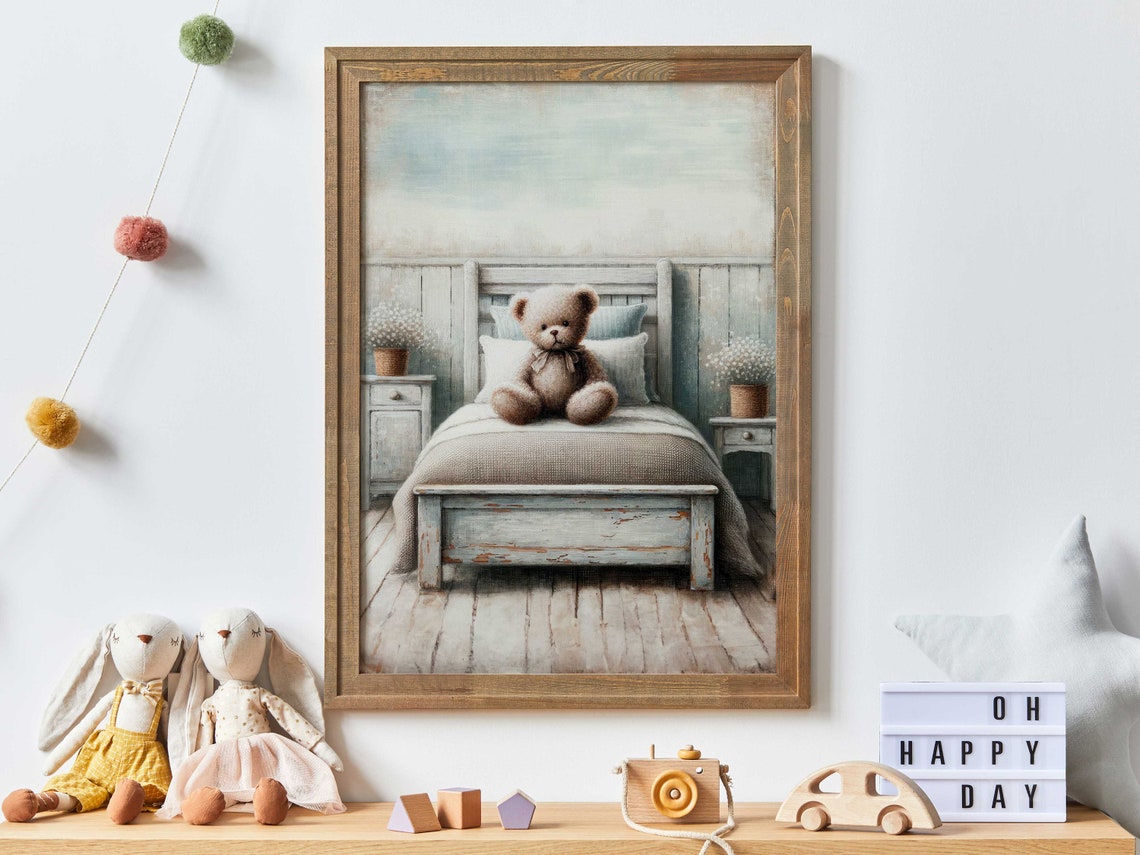 Vintage Teddy Bear Sitting on a Farmhouse Bed Nursery Poster