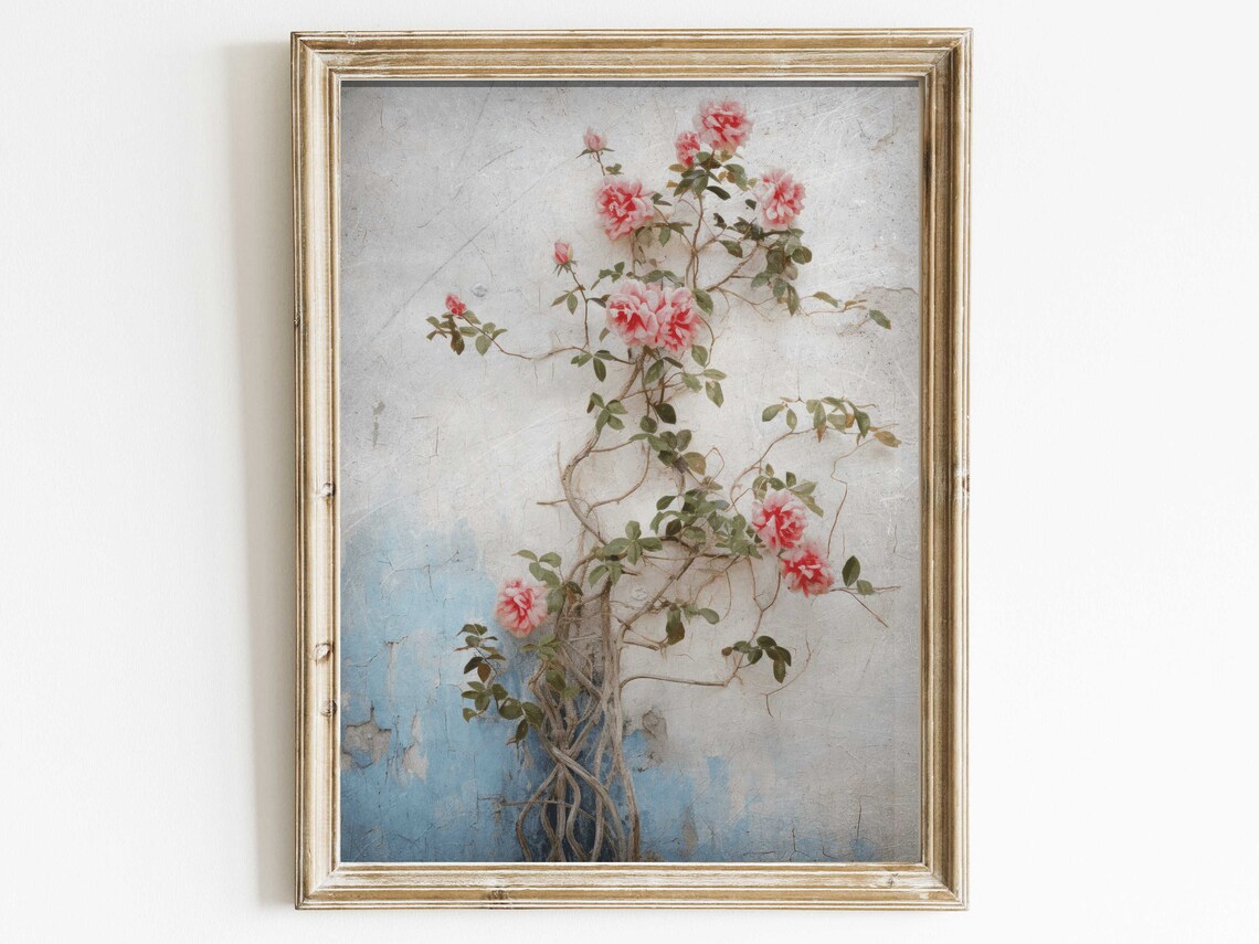 Rose Wall Art, Rustic Botanical Floral Art Print