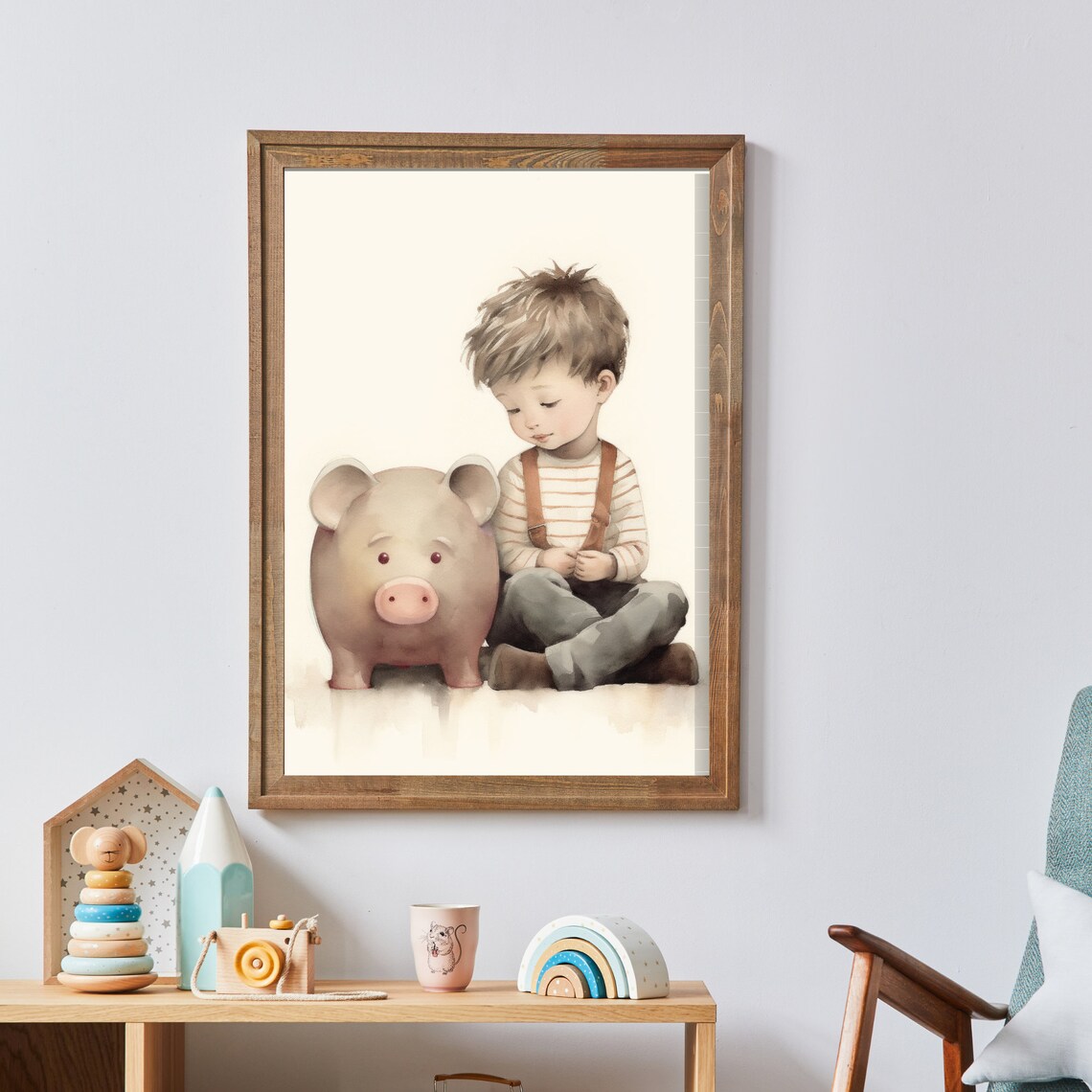 Little Boy Sitting With Big Piggy Bank Watercolor Nursery Savings Poster - Image 3